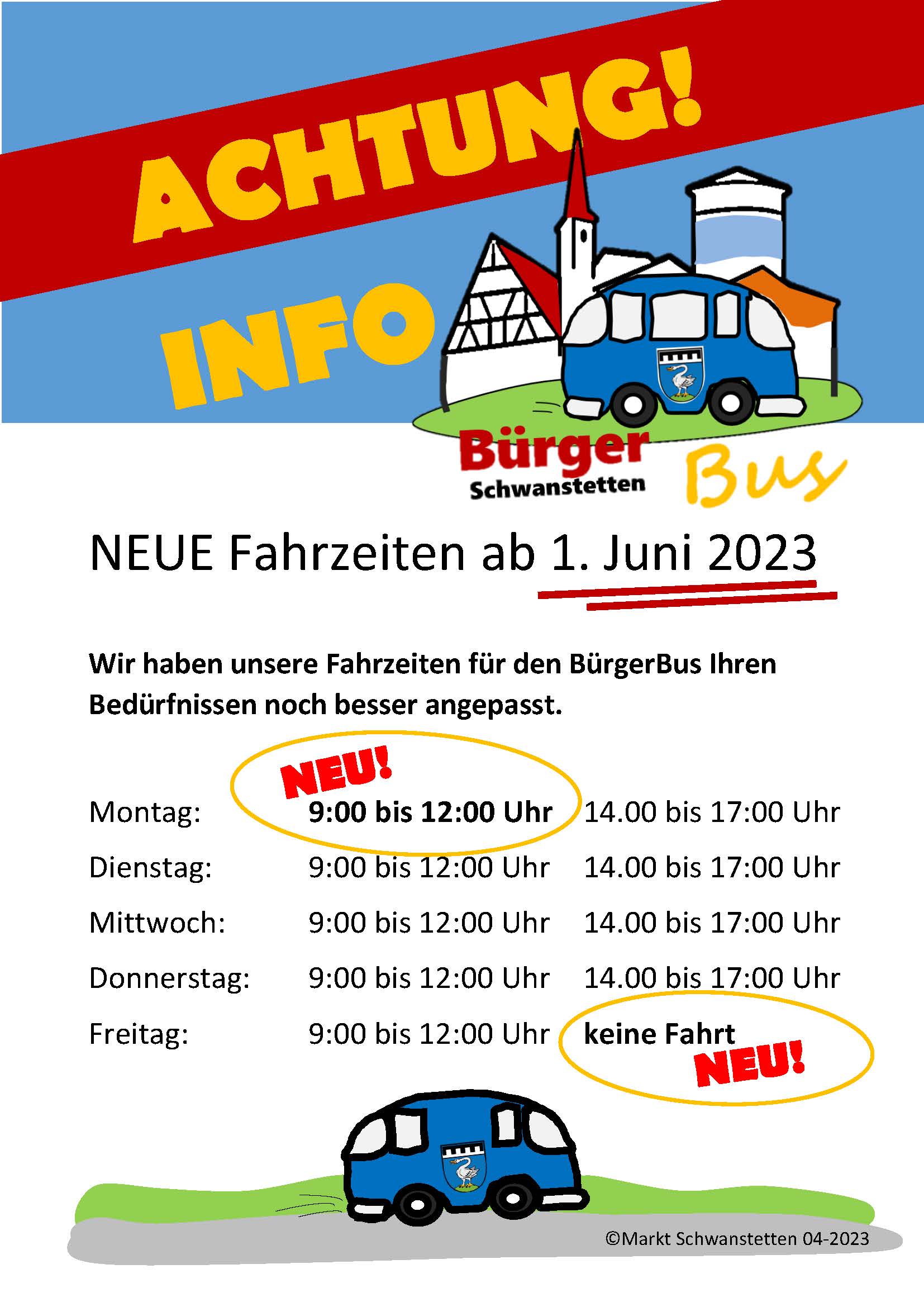  Ein Plakat mit den geänderten Fahrzeiten des Bürgerbus ab dem 1. Juni 2023. 