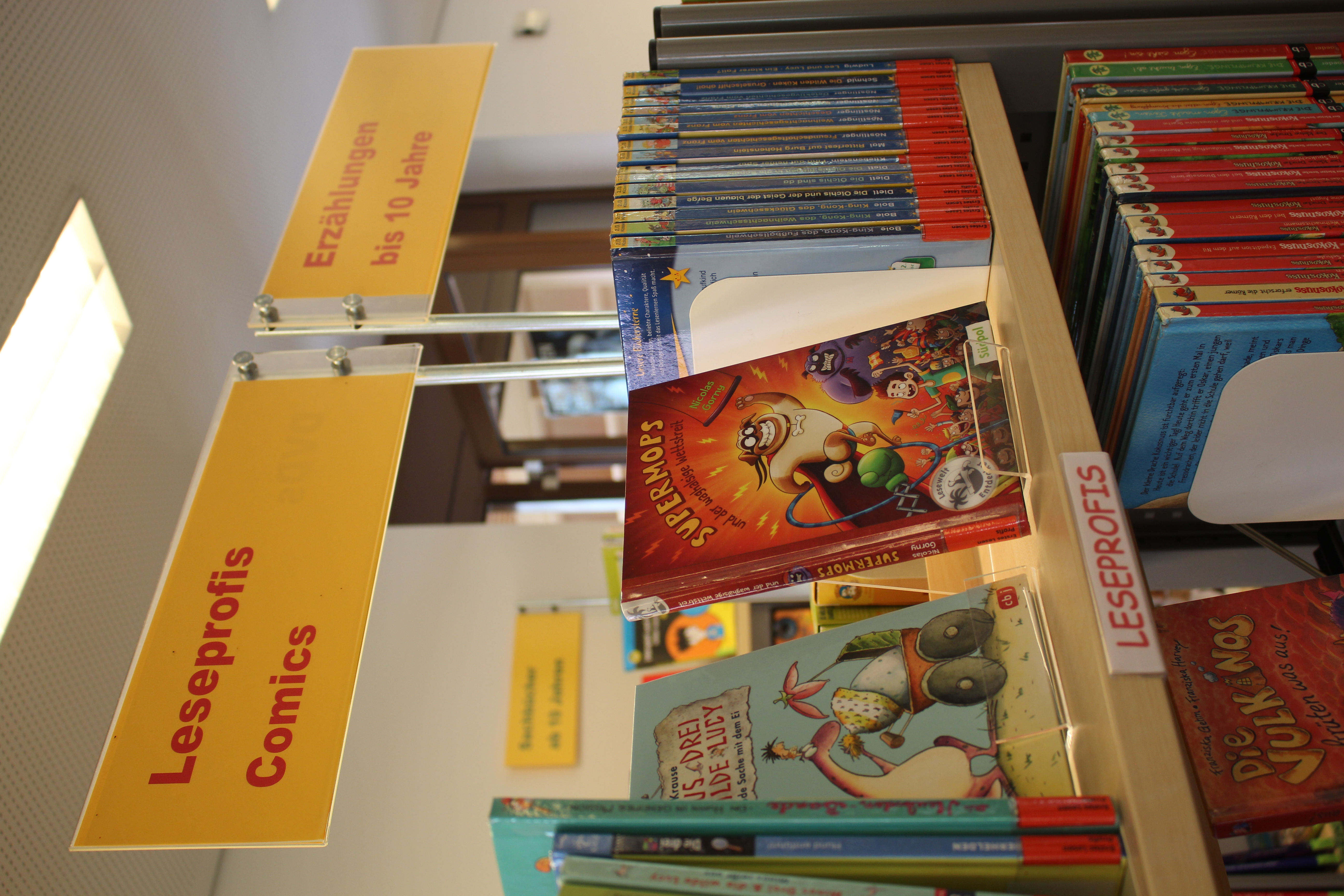  Bücherregal mit Kinderbüchern, darüber ein Schild mit den Schlagwörtern Leseprofis und Comics. 