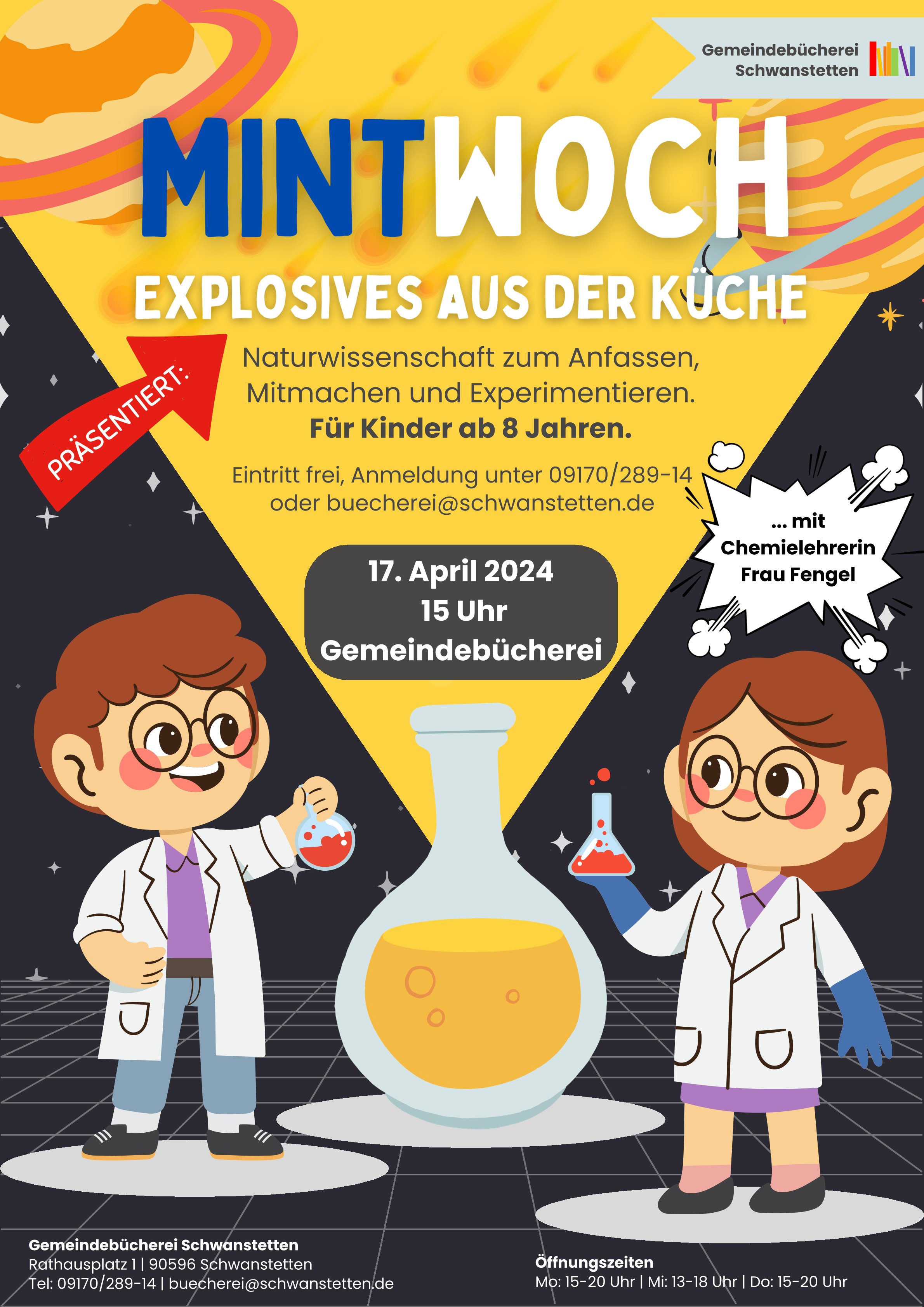  Plakat mit zwei gezeichneten Wissenscaftlern und einem Reagenzglas mit Informationen zur Veranstaltung inklusive Datum und Veranstaltungsort. 