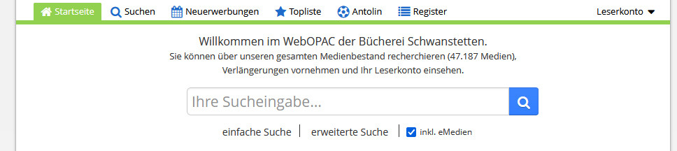  Bildschirmfoto der Eingabemaske der Suchmaschine WebOpac mit Suchfeld. 
